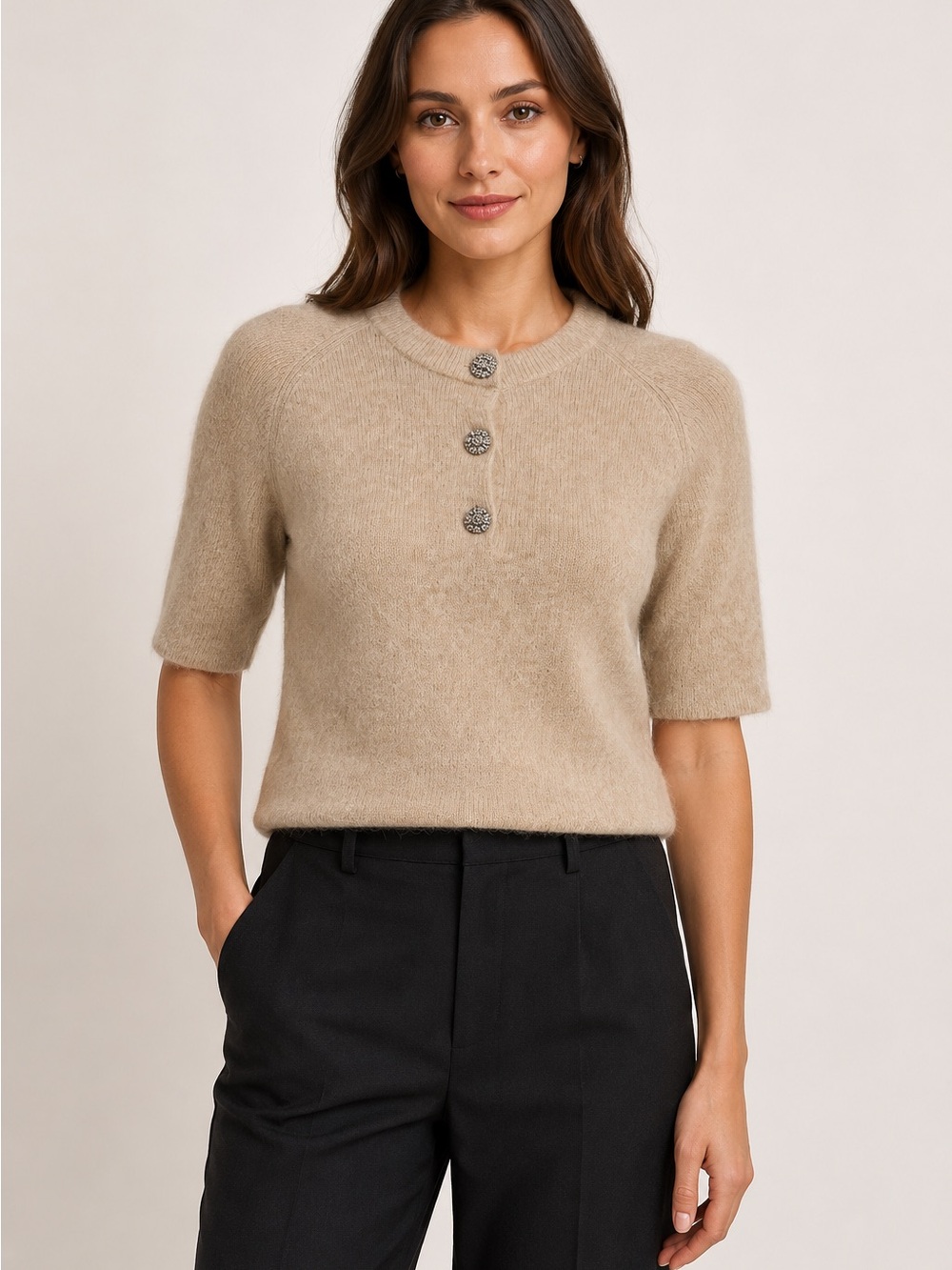 H&M Edition Mohair Blend Rhinestone Button Short Sleeve Sweater L